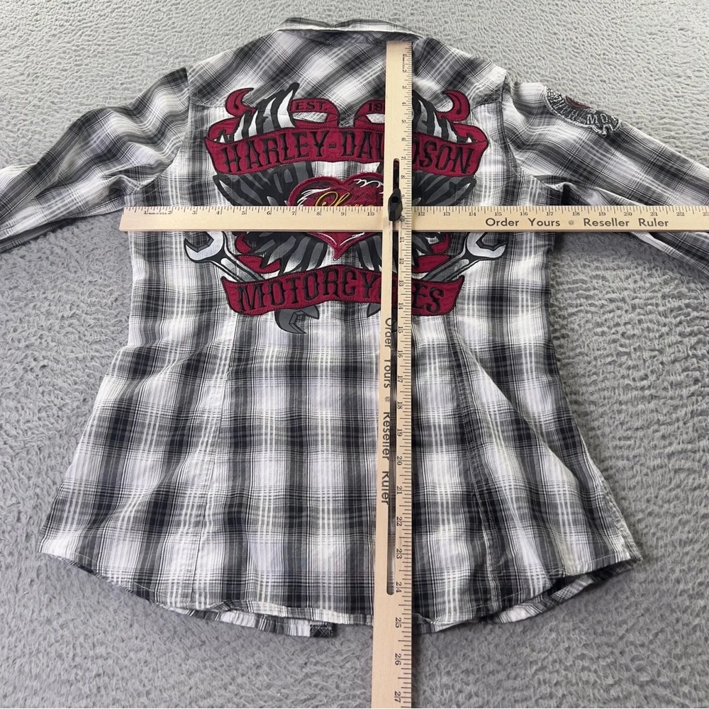 Harley Davison Shirt Womens Small Multicolor Plaid Button Embroidered Heart Y2K - Picture 7 of 10